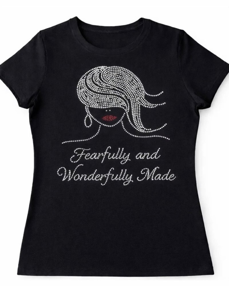 Black t-shirt with a rhinestone portrait of a woman above the words Fearfully and Wonderfully Made