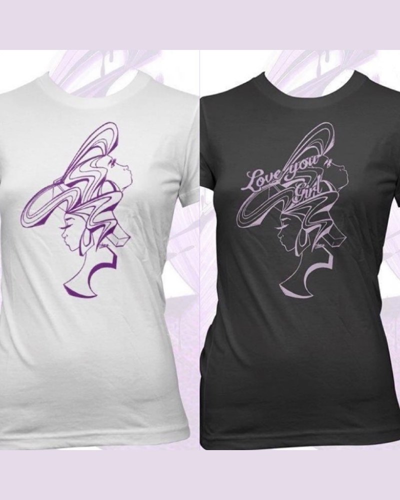 The special edition shirt shown in white and in black, printed with the Love You Girl line drawing of two women in profile